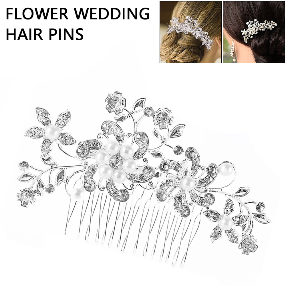 10 x Wedding Bridal Diamante and White Faux Pearl Flower Hair Pins 