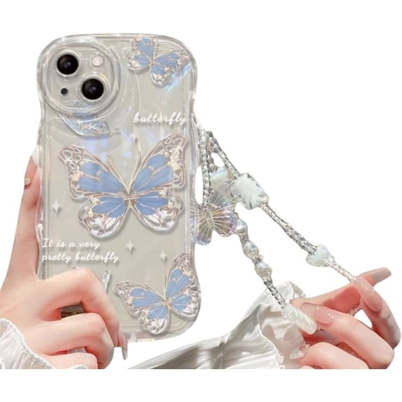 Wave Curl Border Butterfly Phone Case with or Without Glitter Pink Paper, with or Without Chain, Girly, for iPhone 15 14 13 12 11 Pro Max X XS XR 7 8 Phone Case (A7,iPhone 12)