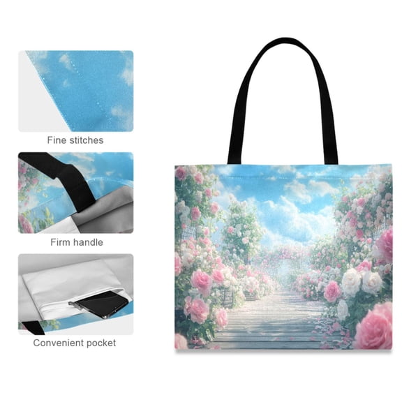 Canvas Tote Bag for Women Girls Design Print Blooming Pink Rose Tote