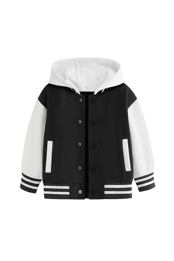 Boys Kids Hooded Baseball Jacket Boys Girls Long Sleeve Color Block Bomber Coat School Uniform Autumn Winter Warm Jackets Sports Coat Top Temperament Top 13-14 Years
