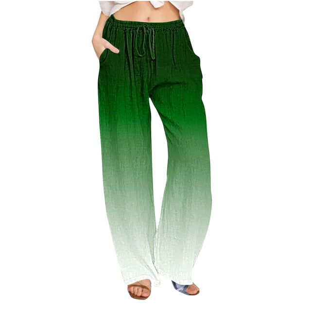 Lime Green Women Faux Gauze Linen Lounge Stretch Pants for Women Gradient Loose Fit Ruched High Cut Flare Wide Leg Paperbag Straight Leg Long Bootcut Leg Fall Summer 2025 XXL