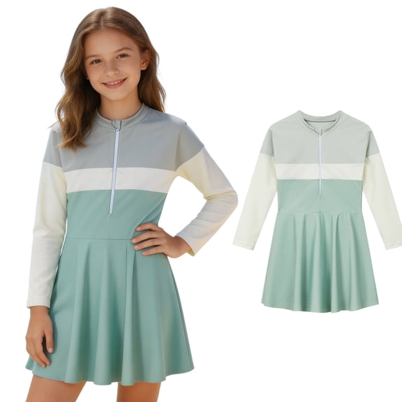 Girls Long Sleeve Rash Guard Swimsuit for Girls Swim Dress Color Block One Piece Swimsuit Bathing for Kids and
