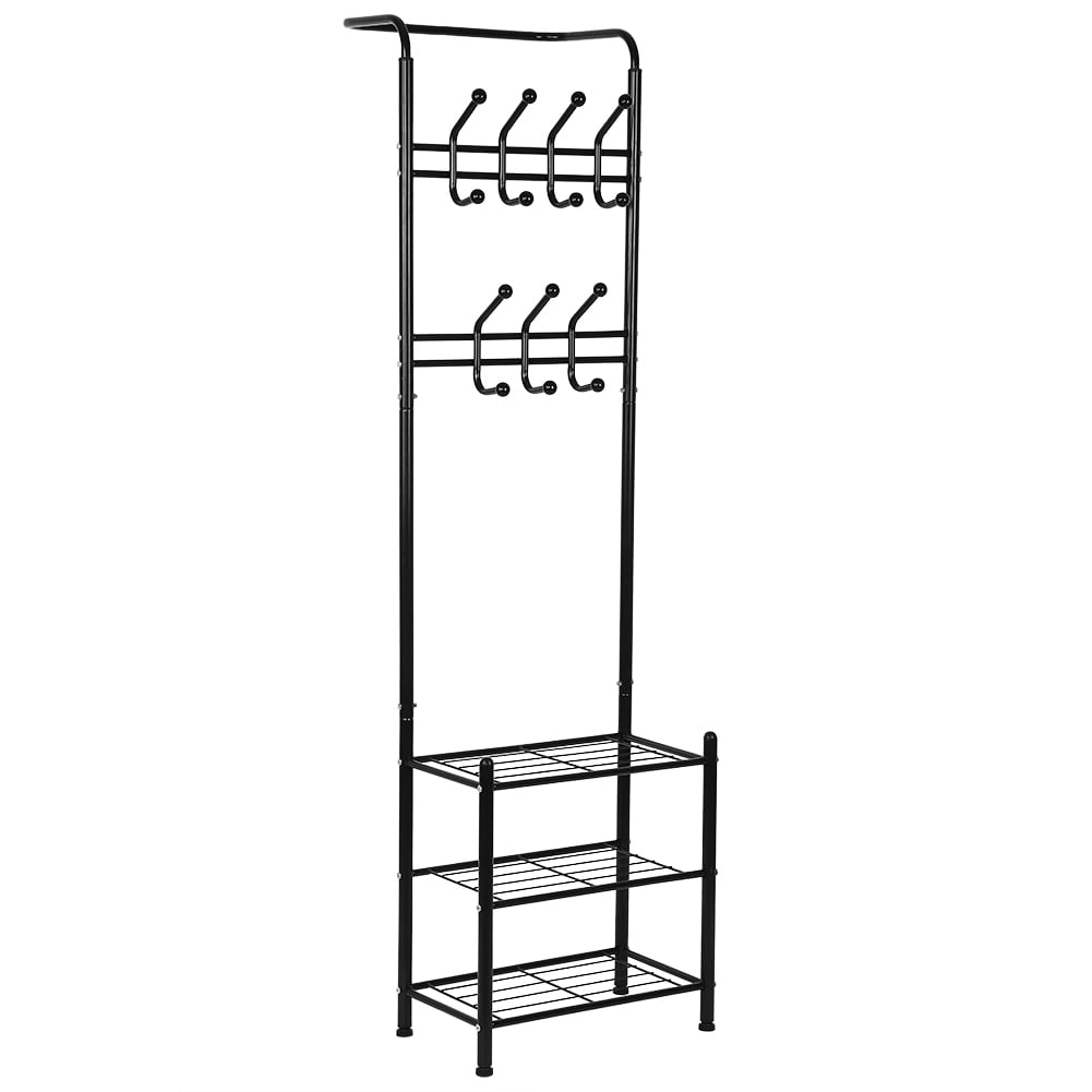 Metal Coat Hat Rack Free Standing Clothes Stand with 14 Hooks and 3