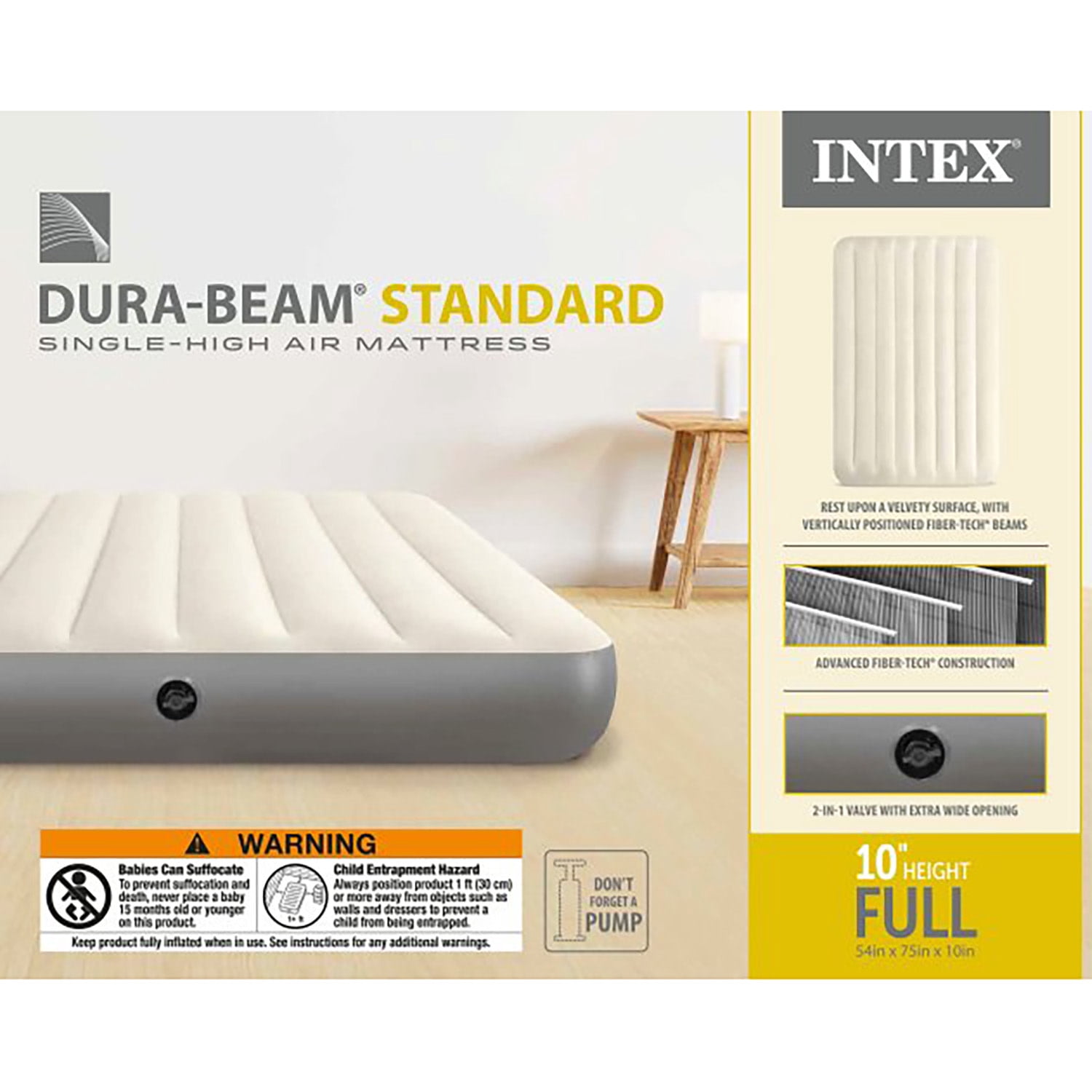 Intex: Dura-Beam: Standard Airbed - Full - 10" Inflatable Air Mattress, Single-High, Fiber-Tech, Velvety Surface, Indoor-Outdoor 600lb Cap, 64102E