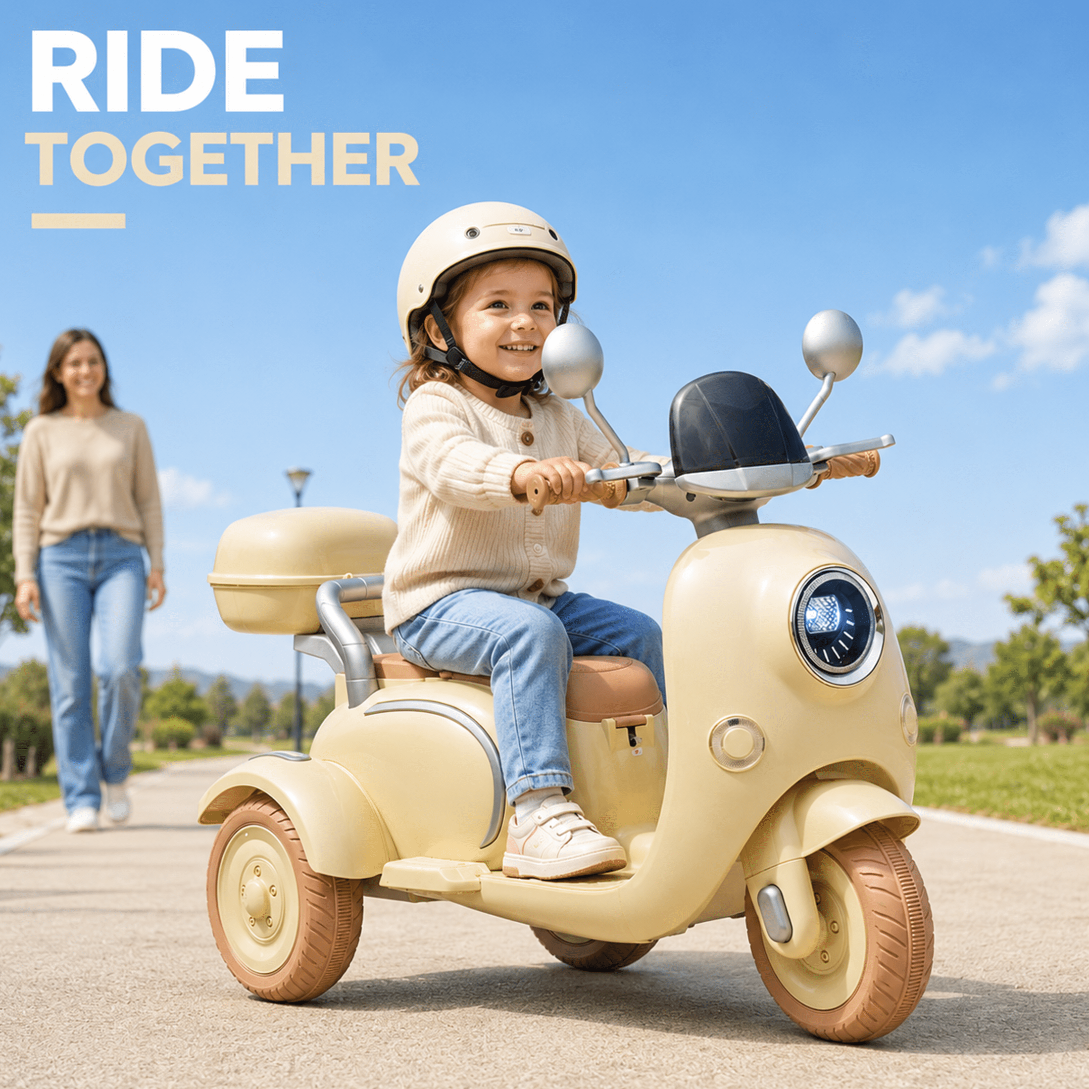 12V Electric Motorcycle for Kids, 2 Seater Battery Power Ride on Motorcycle Toys with Slow Start, LED, Music, USB, 3 Wheel Electric Motorcycle for Boy Girl Birthday Gift, Beige