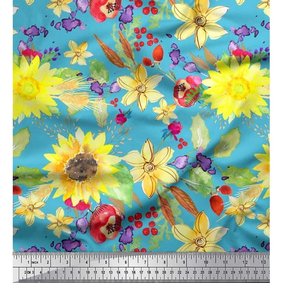 Soimoi Cotton Duck Fabric Leaves & Sunflower Watercolor Printed Fabric 1 Yard 42 Inch Wide