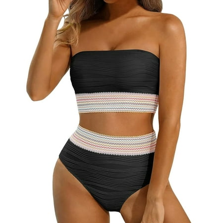 High Waisted Bikini Sets For Women Bandeau Swimsuits For Women Strapless Textured Bandeau Bikini 2 Piece Swimwear Cheeky Solid Lace Up Bathing Suits High Cut Bathing Suits #07 Black L