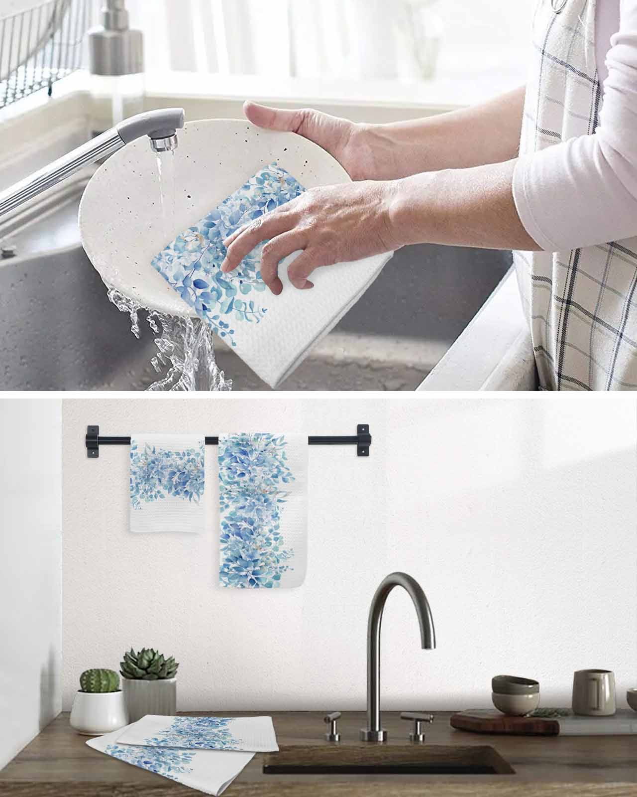 Blue Eucalyptus Leaves Dish Towels Set, Waffle Weave Kitchen Towels 2 Pieces, Spring Summer Botanical Floral Microfiber Hair Face Bath Tea Towel Absorbent Quick Drying Cleaning Dish Cloths 12"x12"
