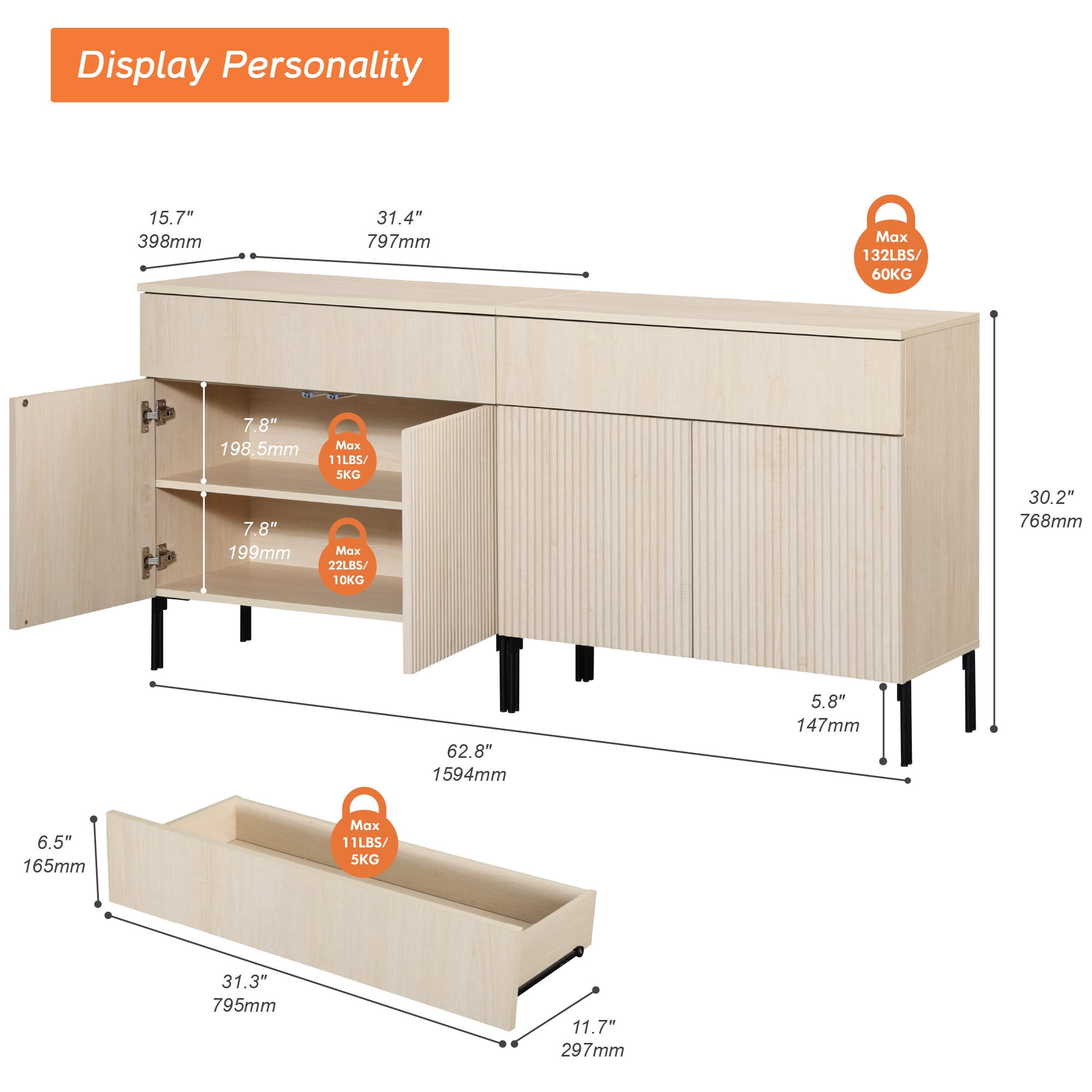 63" Modern Reeded TV Stand with Doors, Entertainment Center with Shelf, Wooden TV Console with Drawers for Living Room
