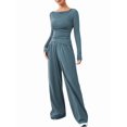 thumbnail image 3 of Women'S 2 Piece Matching Lounge Set Long Sleeve Boat Neck Top Wide Leg Pants Casual Sweatsuit S, 3 of 9