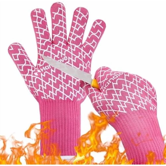 Aramid Heat Resistant BBQ Gloves – Grilling & Oven with Finrs, Silicone Grip Long Cuffs for Cooking, Baking, and Outdoor Barbecue Pink, Small