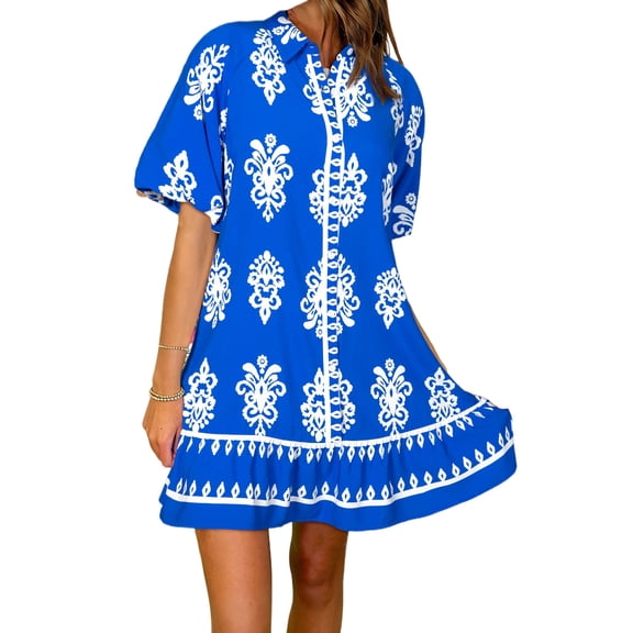 Women's Blue Ethnic Geometric Print Mini Dress – Short Puff Sleeve Vacation Essential, XL