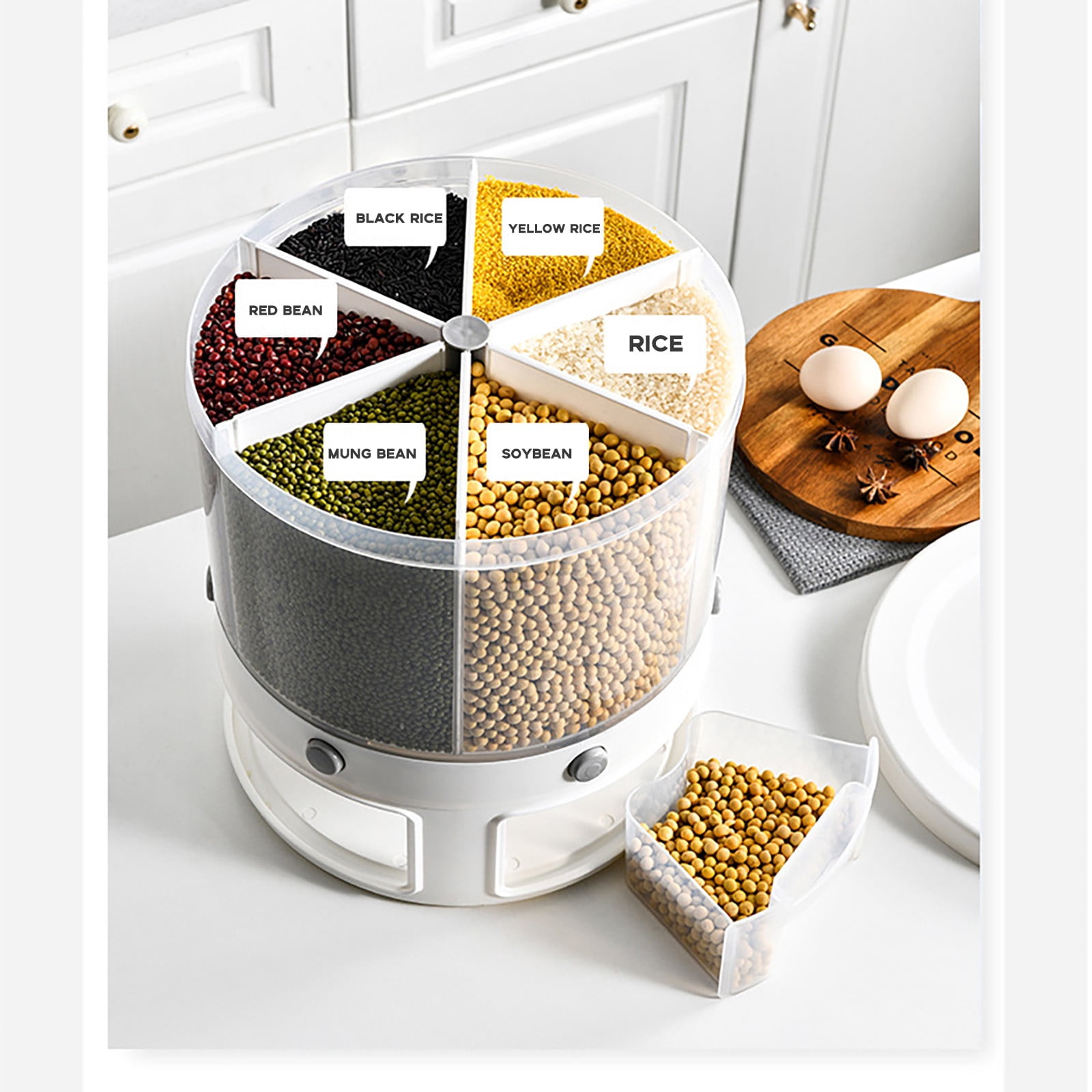 MOQIN Rice and Grain Dispenser, 360° Rotating Food Storage Container, 6-Compartment Dry Food Dispenser with Lid, Airtight Storage for Small Grains,Beans,Rice