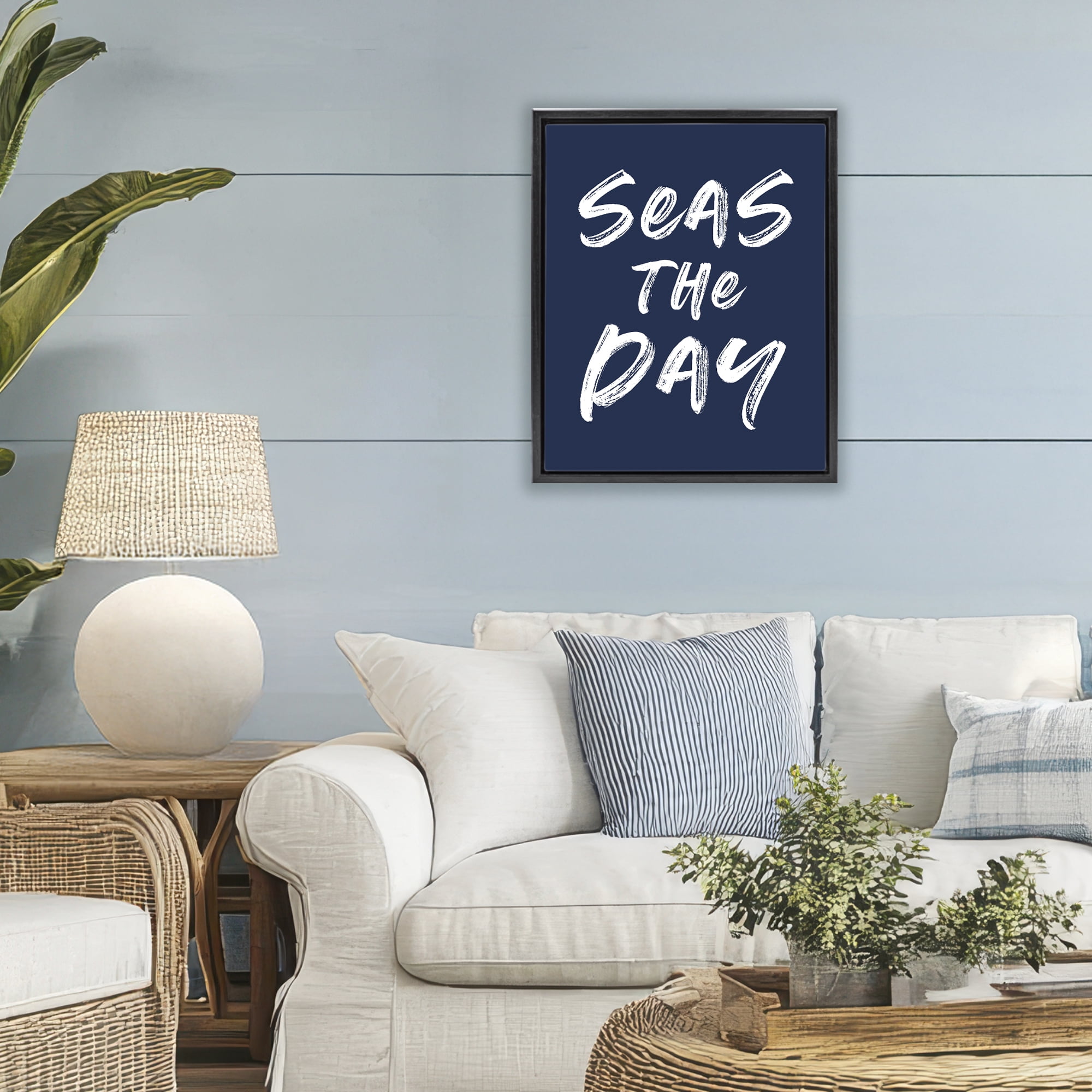 Seas The Day Sentiment Black Framed Floater Canvas Wall Art, design by Lettered and Lined