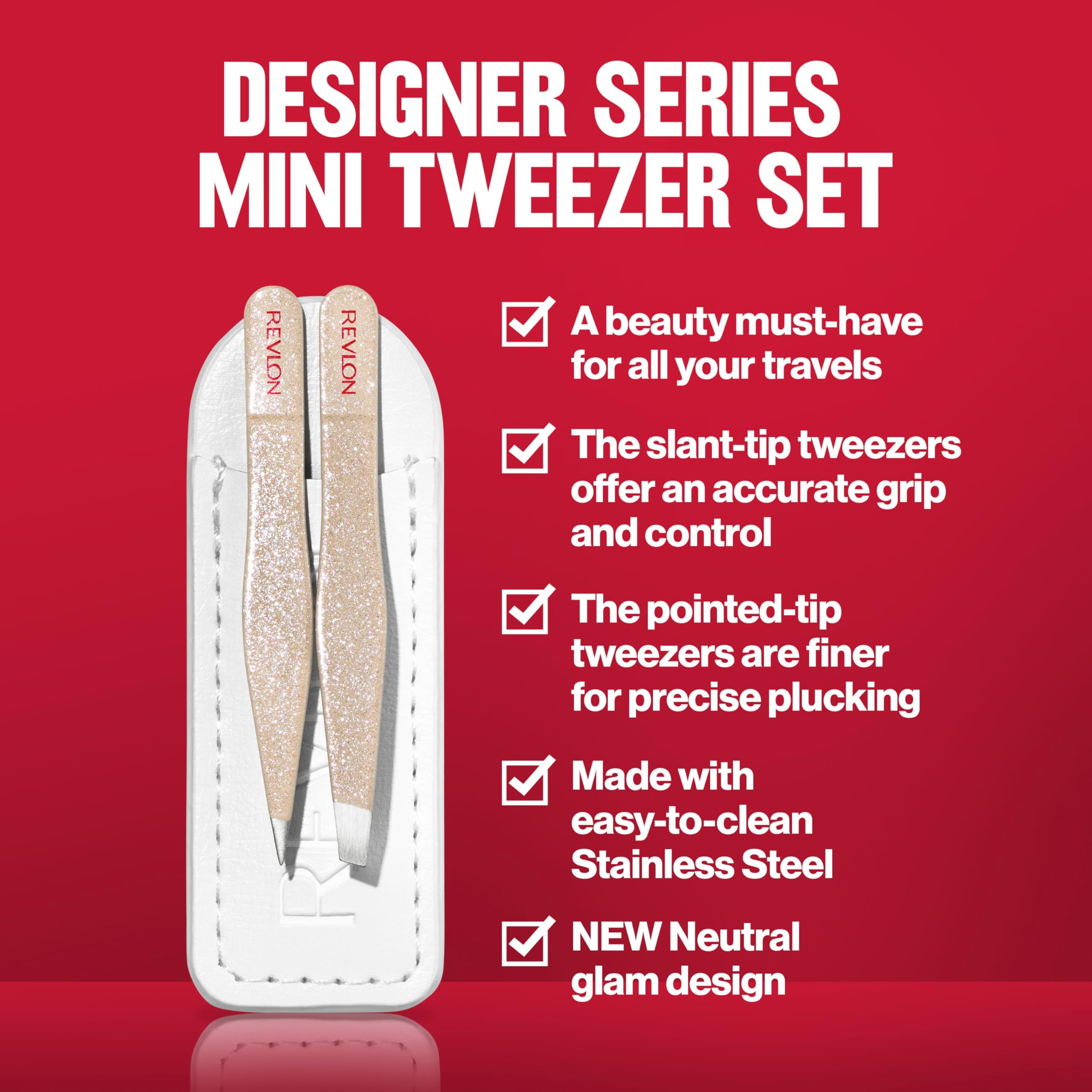 Revlon, Designer Series Mini Tweezer Set, Portable Stainless Steel