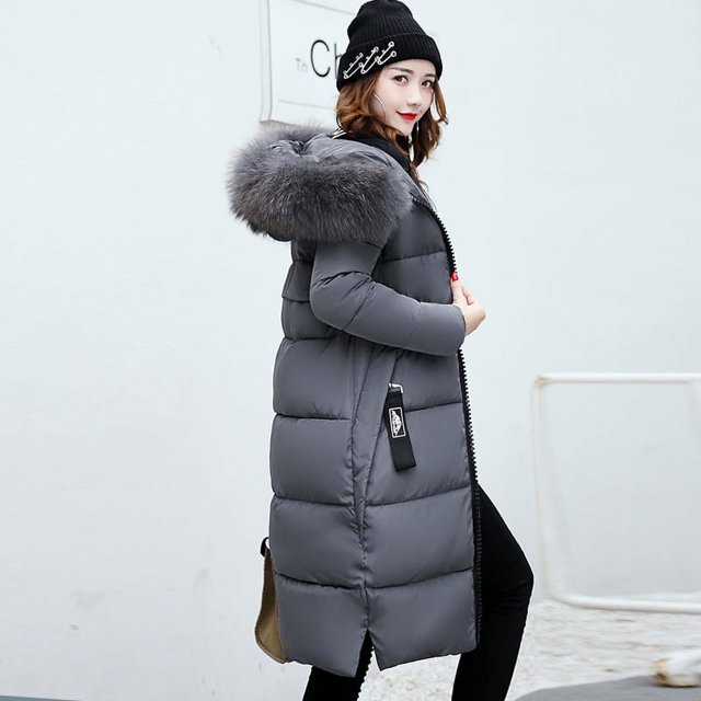 Chaqueta larga de algodón acolchada con cuello de lana y algodón para mujer, estilo coreano, ajustada, gruesa, con relleno de algodón, chaqueta con capucha cálida
