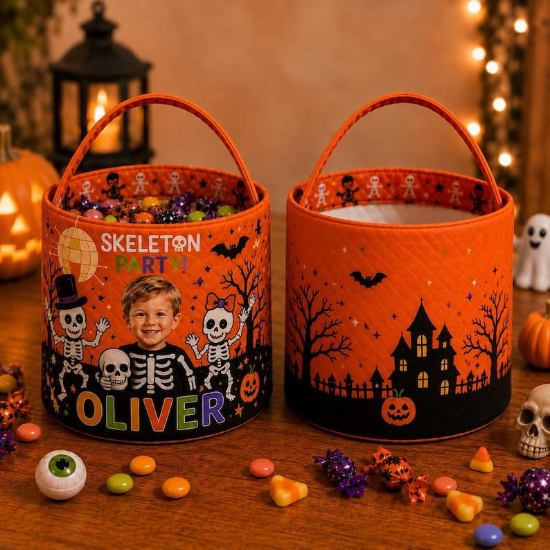 Personalized Skeleton Halloween Fabric Treat Basket Custom Photo and Name Candy Holder with Handle Spooky Party Decor and Seasonal Gift