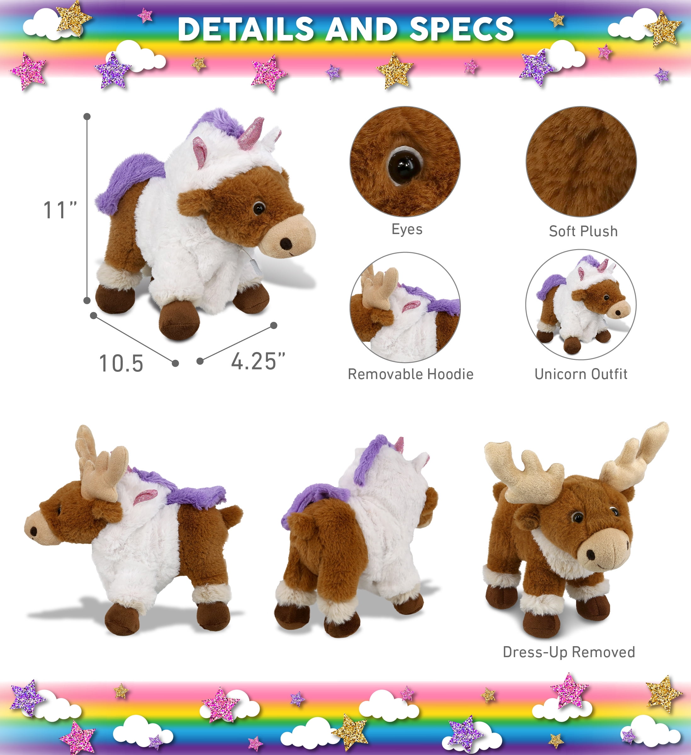 DolliBu Standing Reindeer Unicorn Plush Stuffed Animal Toy - Super Soft Unicorn Dress Up Animal with Removable Plush Unicorn Outfit, Cute Fantasy Animal Plush Gift for Kids and Adults - 11 Inches