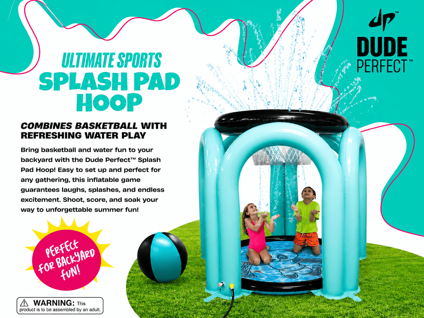 DUDE PERFECT SPLASH PAD HOOP INFLATABLE WATER BASKETBALL GAME FOR KIDS OUTDOOR BACKYARD TOY
