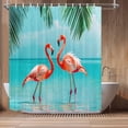 thumbnail image 3 of Beach Shower Curtain with Flamingo, Blue Teal Sea Pink Flamingo Bath Curtain Tropical Theme Nautical Ocean Shower Curtain Set with Hooks, 72X72in, 3 of 5