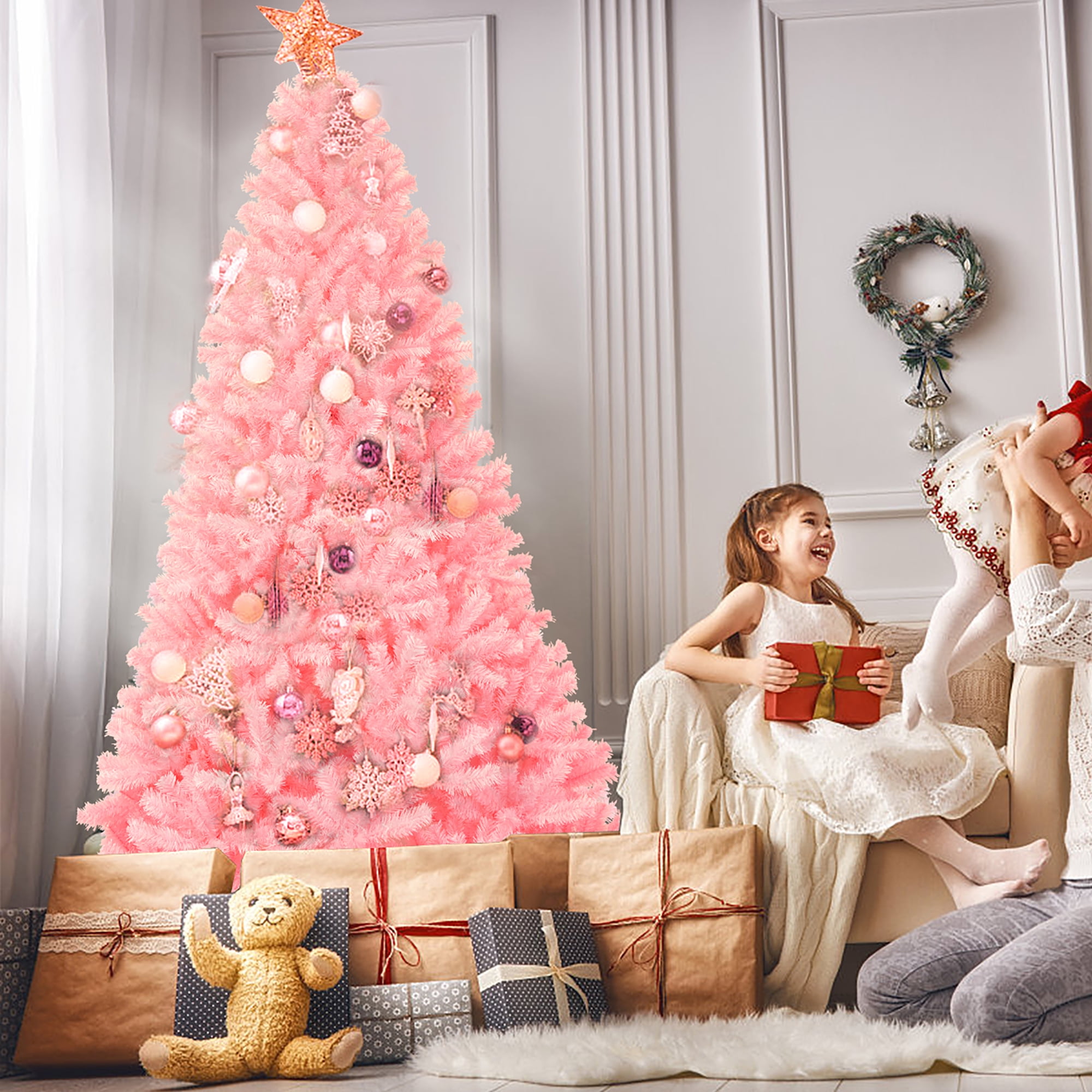 Artificial Pink Christmas Tree with LED Home Decoration Durable PVC Ornament 