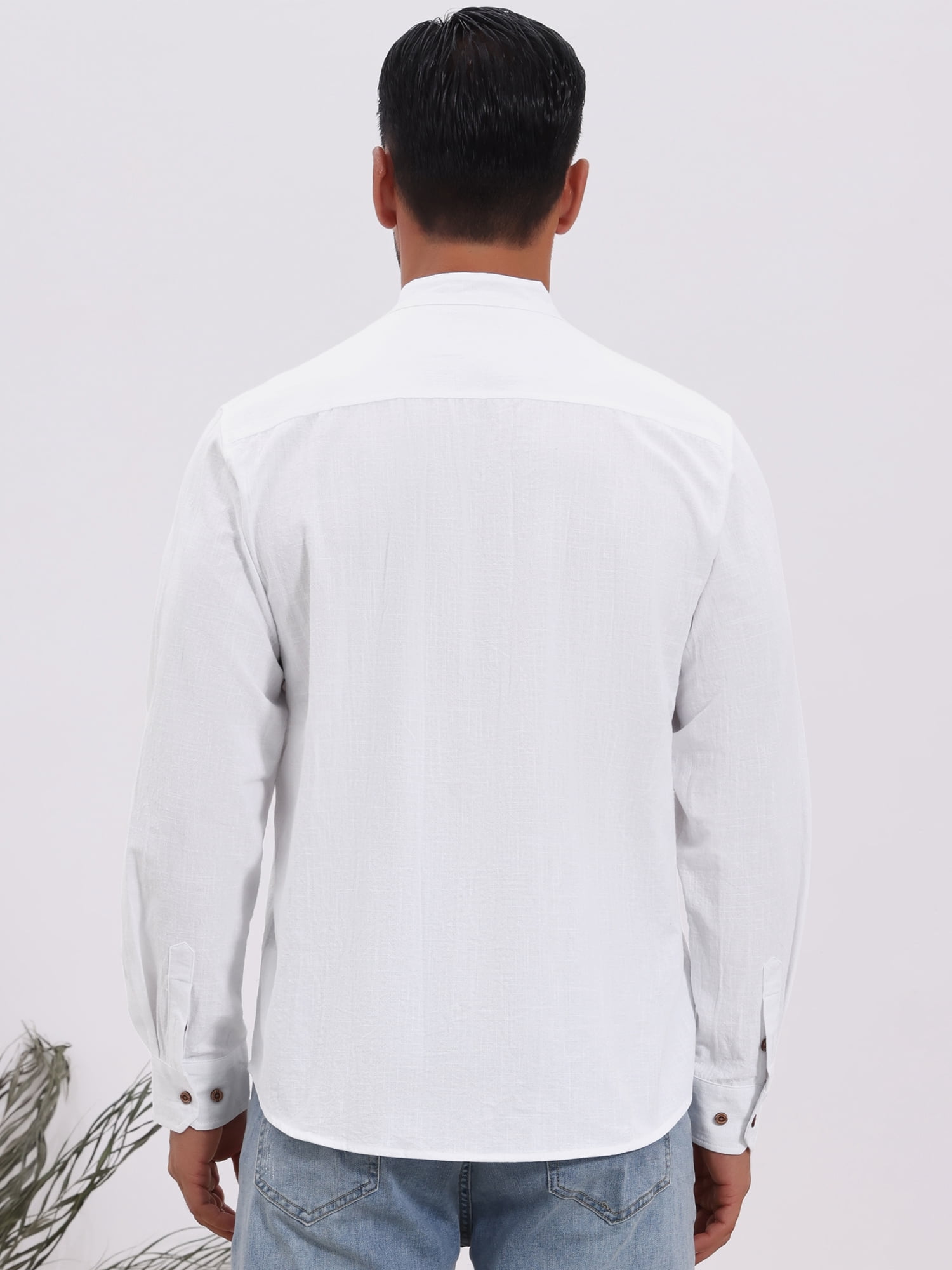 DARING DIVA Men's Stand Collar Long Sleeves Button Down Linen Shirts XL White