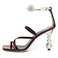 thumbnail image 2 of FSJ Women Chic Square Open Toe Strappy Sandals Pearl Bead High Heel Metal Ring Rhinestone Ankle Strap Pumps Wedding Dressy Shoes Size 7 Maroon, 2 of 4