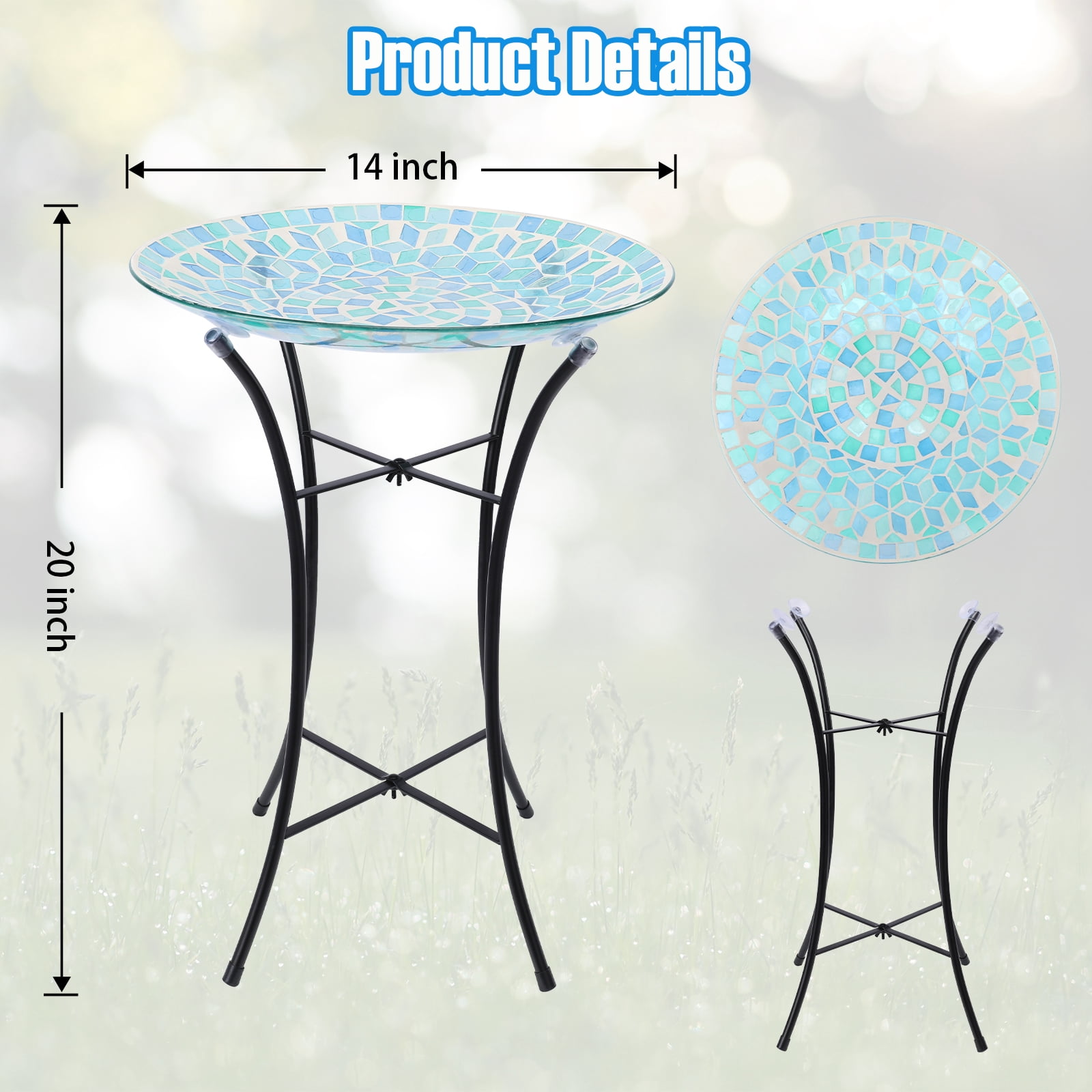 Mosaic Glass Bird Bath, Blue Birdbath, Bird Feeder with Metal Stake, Outdoor Decoration, Gift for Bird Lovers