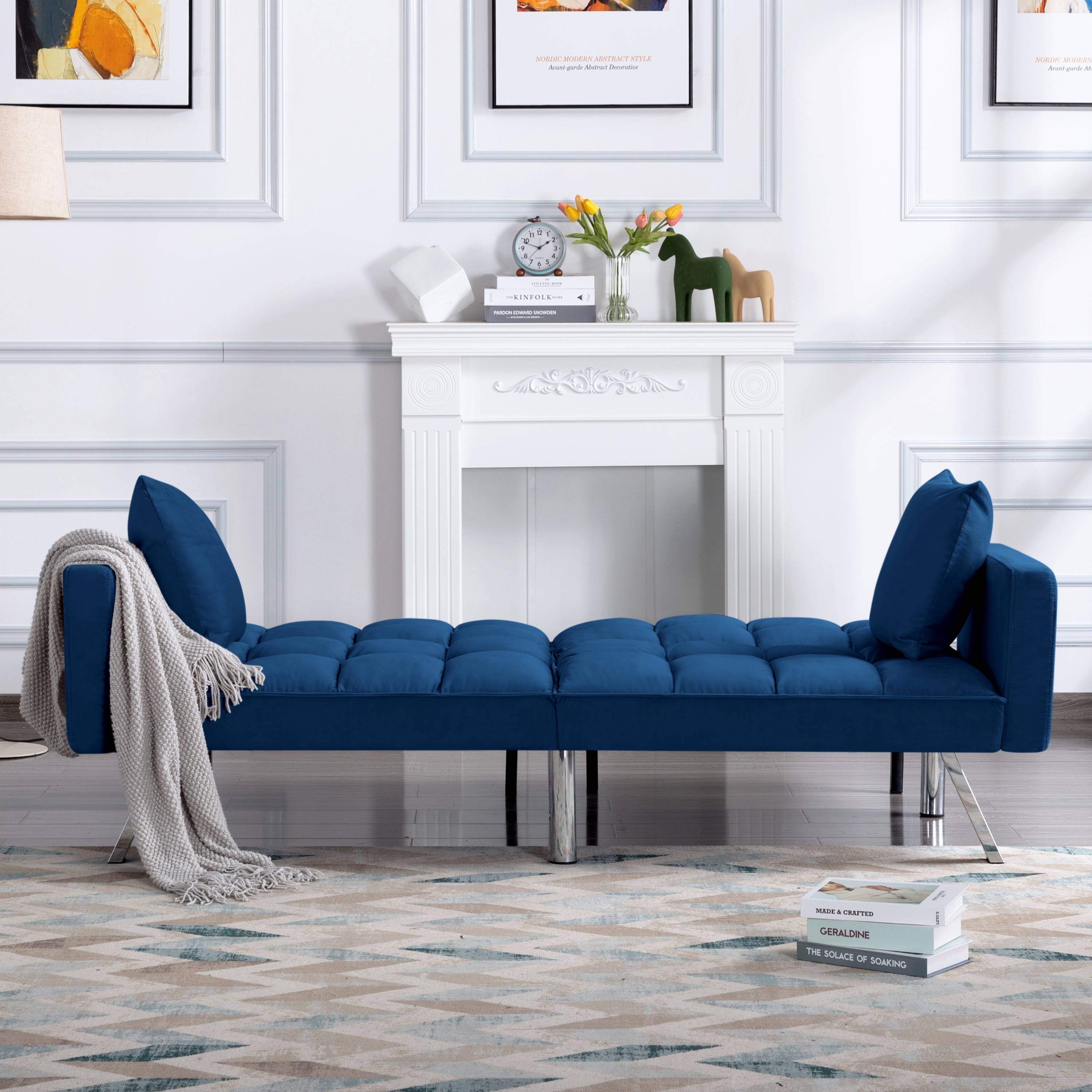 BSHTI 74” Twin Size Futon Sofa Bed,Square-tufted Upholstery Futon Sleeper,Velvet Fabric Sleeper Sofa,for Home,Office,and Guest Room,Navy Blue