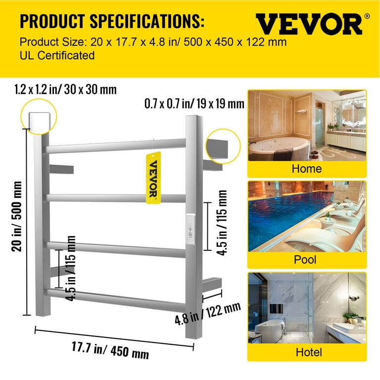 VEVOR Heated Towel Rack, 4 Bars Design, Polishing Brushed Stainless Steel  Electric Towel Warmer with Built-in Timer, Wall-Mounted for Bathroom,  Plug-in/Hardwired, UL Certificated, Silver - Walmart.com