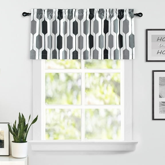 DriftAway Riley Geo Lined Window Curtain Valance Mid Century Geometric Blocked Pattern 2 Layers Rod Pocket, 52" x 18" Plus 2", Black and White Gray