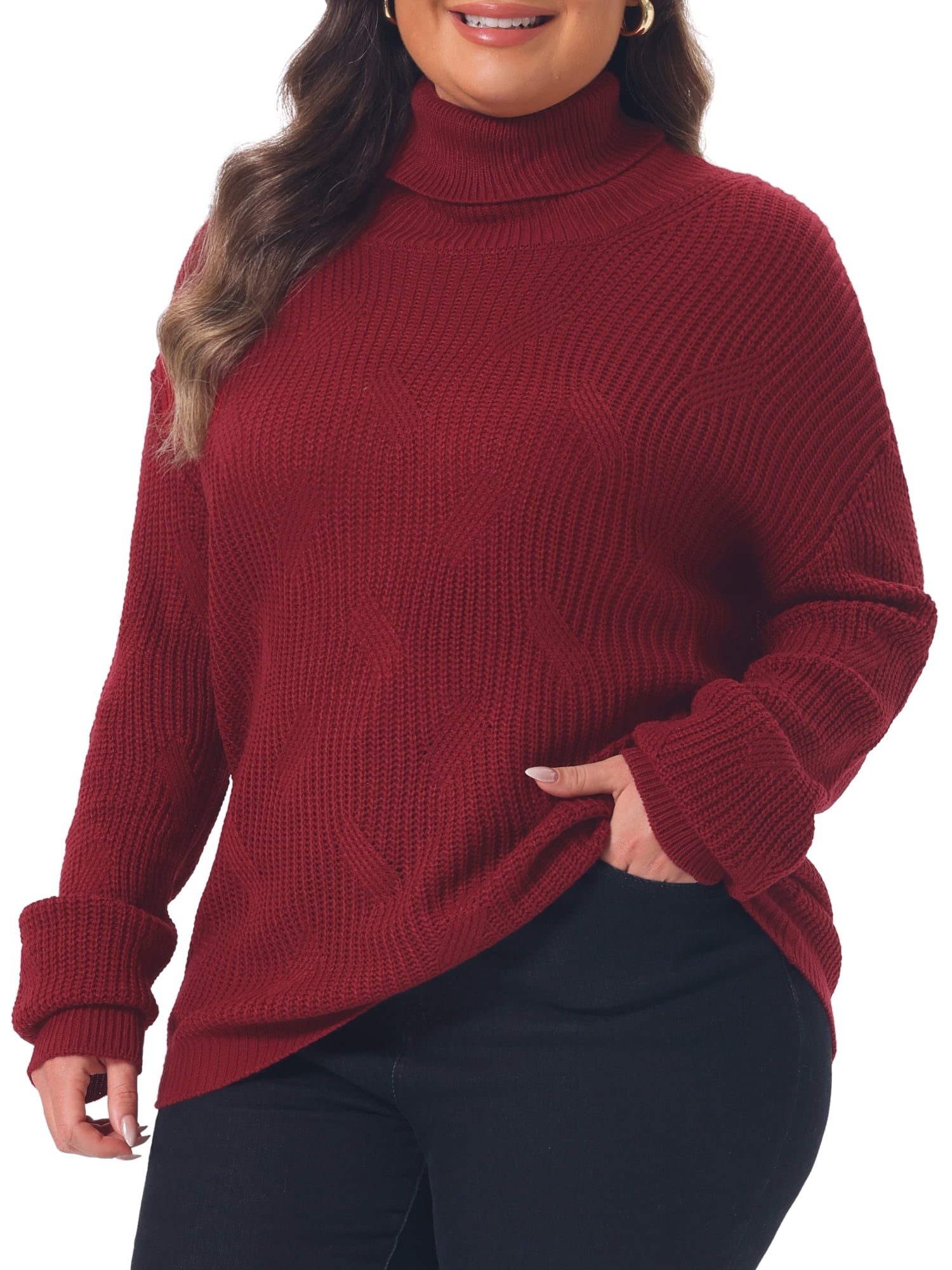 DARING DIVA Women's Plus Turtleneck Long Sleeve Chunky Pullover 2X Burgundy