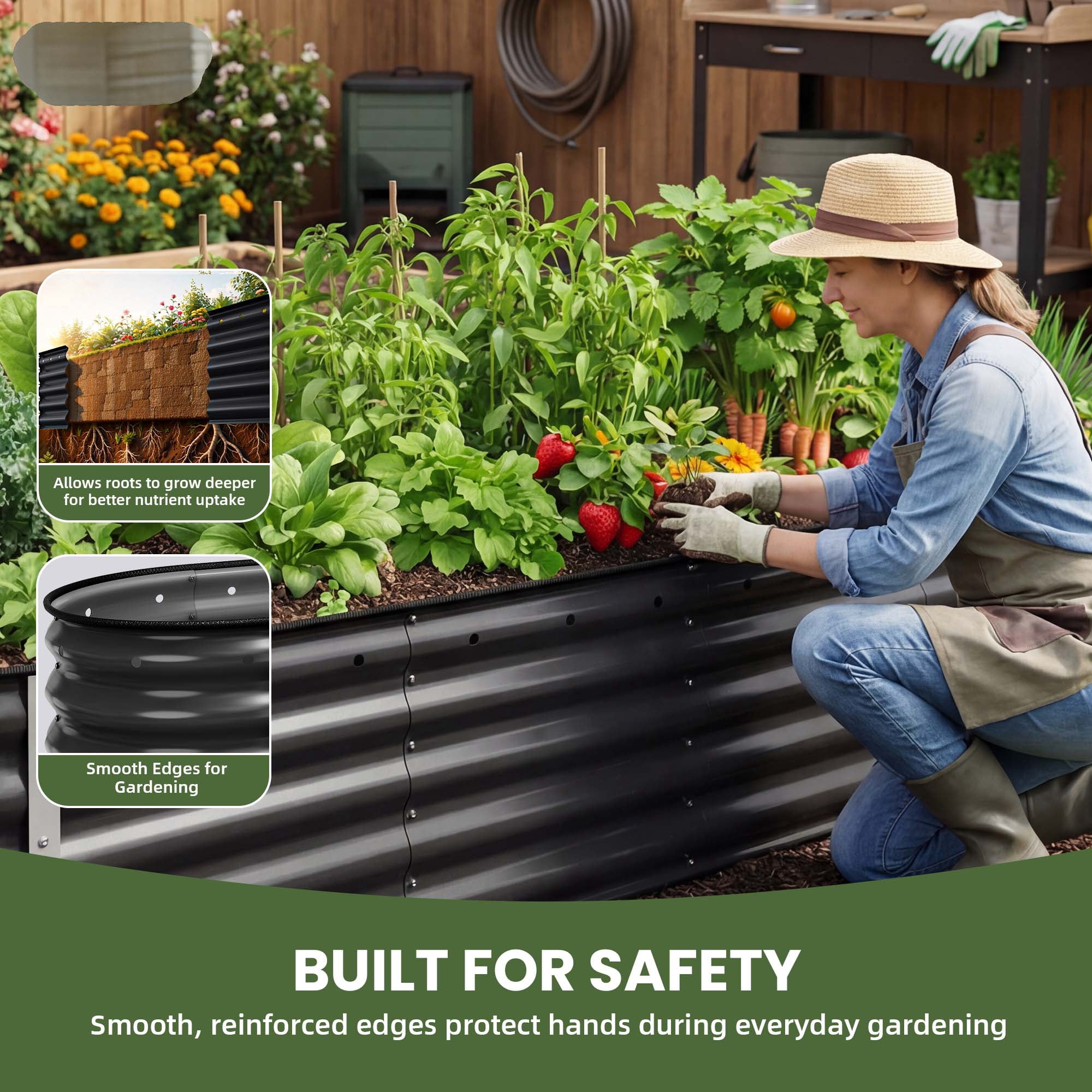 Uforic 17" Tall 9 in 1 Outdoor Raised Garden Bed Kits,8ft x 2ft Large Galvanized Metal Patio Planter Box with Safety Rubber & Gloves, for Vegetables Flowers,Black