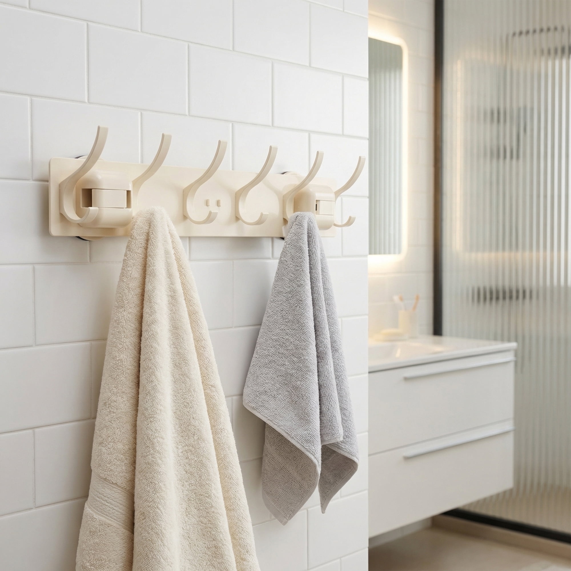 Unique Bargains Coat Rack Wall Mount Metal Suction Round 6 Hooks Rack White 16.1"x2.4"