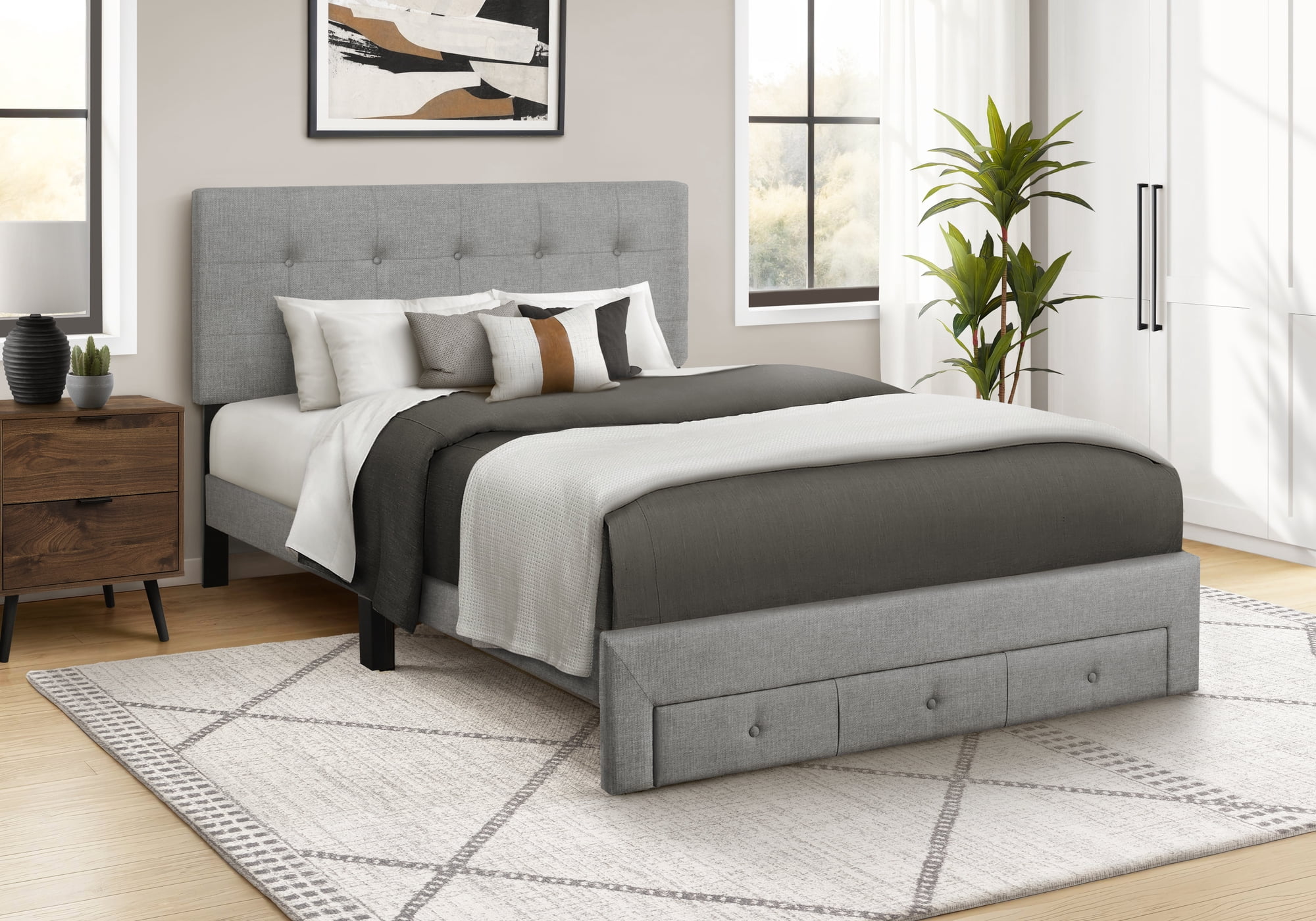Monarch Specialties - I 5900Q Bed, Queen Size, Upholstered, Frame Only, Bedroom, Grey Linen Look