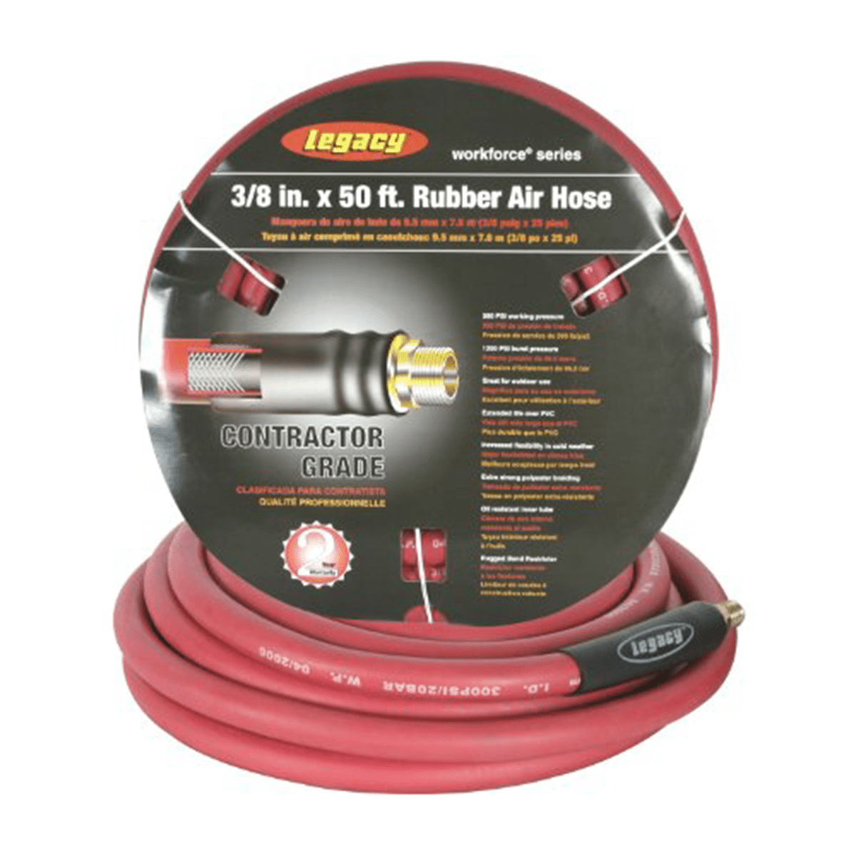 Legacy HRE3850RD2 Workforce Air Hose, 3/8" x 50', 1/4" Fittings, Rubber