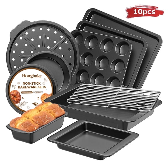 HONGBAKE Bakeware Sets, Baking Pans Set, Nonstick Oven Pan for Kitchen with Wider Grips, 10 Pieces Including Rack, Cookie Sheet, Cake Pans, Loaf Pan, Muffin Pan, Pizza Pan - Grey