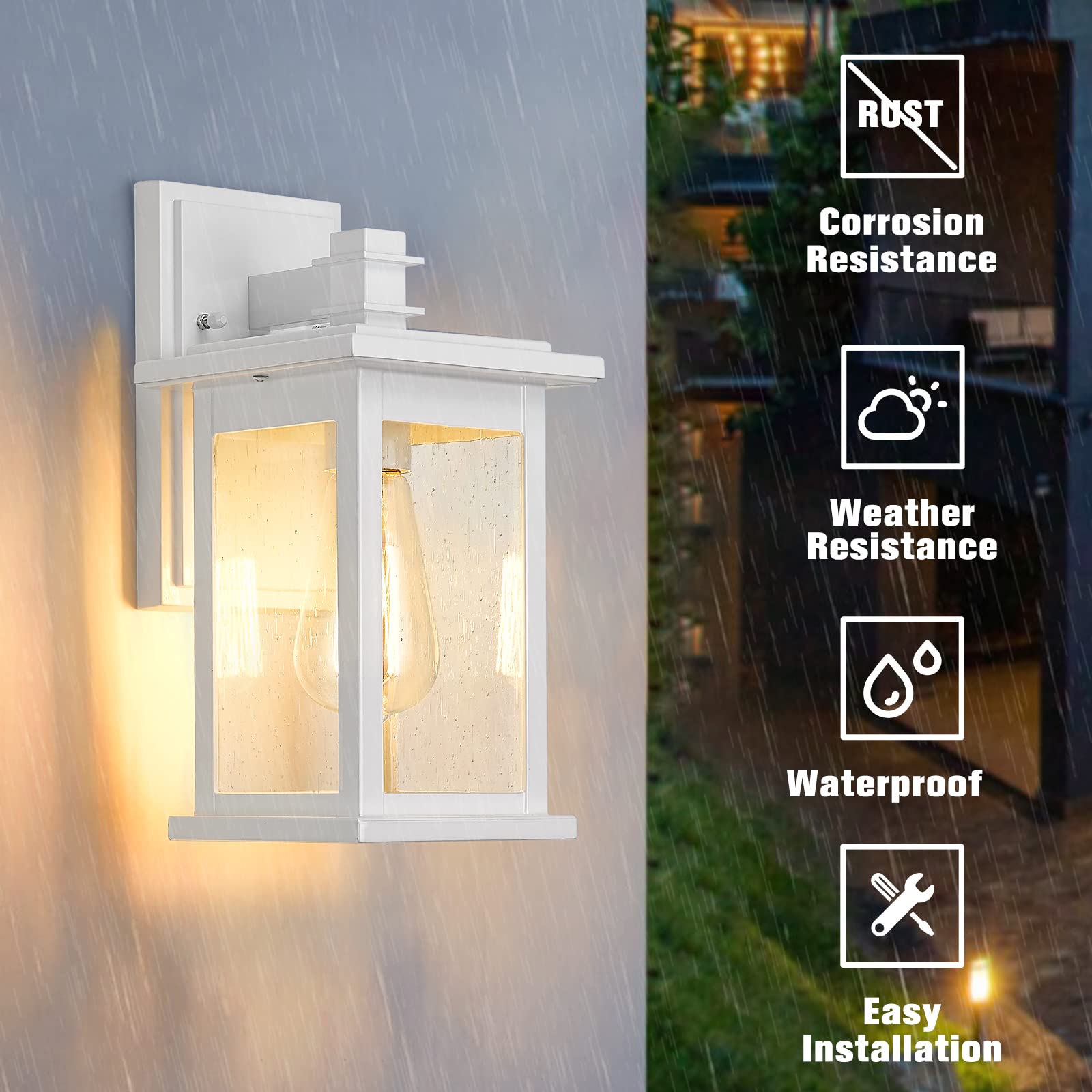 Emliviar Modern Outdoor Porch Light, 12.3" Outdoor Wall Light with Seeded Glass, White Finish, 1803EW1 WH