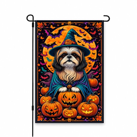 Halloween Garden Flag with Witch Dog and Pumpkins, 12 x 18 Inch Yard Flag for Outdoor Decor, Festive Fall and Spooky Porch or Lawn Decoration
