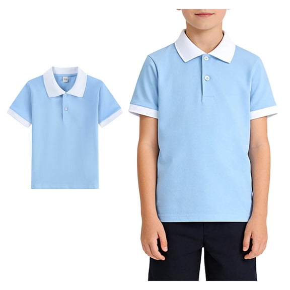 Boys' Polo Shirts Short Sleeve Boys Blue Button up Shirt Back to School Shirt Lightweight Casual Shirts for Boys 6-7 Years