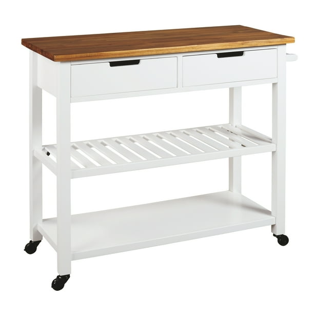 Transitional Wooden Kitchen Cart with Wheels and Drawers, White and