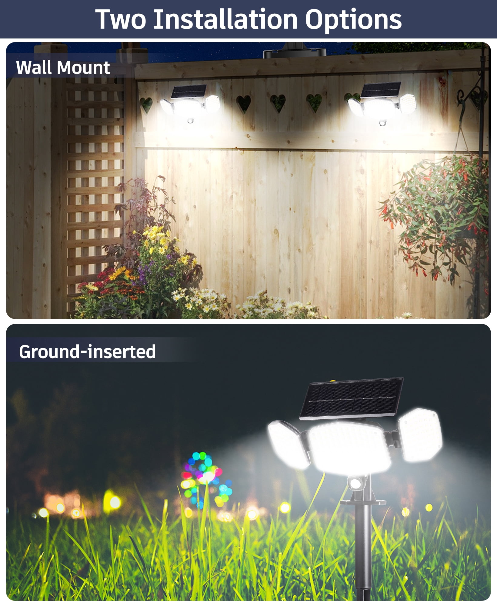 HAARAY Solar Motion Sensor Outdoor Lights with Ground Stake, 3-Head Adjustable 208 LED Solar Wall Security Flood Light IP65 Waterproof for Outside Porch Yard Garden Garage, 2 Pack