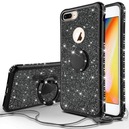Apple Iphone 8 Plus Case,Iphone 7 Plus Case,Glitter Cute Phone Case Girls Kickstand,Bling Diamond Rhinestone Bumper Ring Stand Sparkly iPhone 7/8 Plus - Black