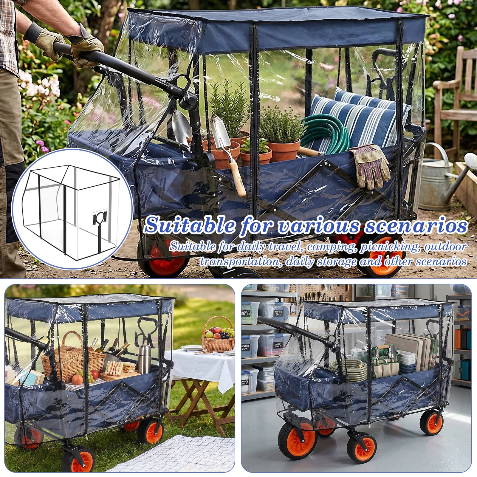 Threns Waterproof Wagon Rain Cover, UV-Resistant Handcart Sun Cover for Stroller,Trolley,Cart Accessories,Suit for Camping Picnic Garden Use,Collapsible