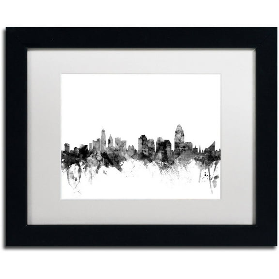 Trademark Fine Art "Cincinnati Ohio Skyline B&W" Canvas Art by Michael Tompsett, White Matte, Black Frame