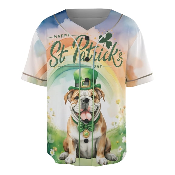 Happy St. Patrick’s Day Bulldog with Green Hat Shamrocks Rainbow All Over Print 3D Baseball Shirt Dog Lover Gifts Idea Softball Sport - 03007