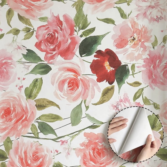Watercolor Pink Floral Wallpaper Modern Farmhouse Boho Peel and Stick Wallpaper Waterproof Home Decor for Living Room Bedroom Bathroom Kitchen Cabinet Drawer Dorm Room 17.7 * 78.5 in
