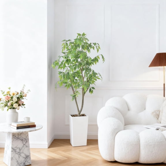 5FT Realistic Artificial Ficus Tree Tall Faux Banyan Tree with White Planter, Large Fake Ficus Tropical Plant for Home Office Living Room Mall Porch Indoor Decor
