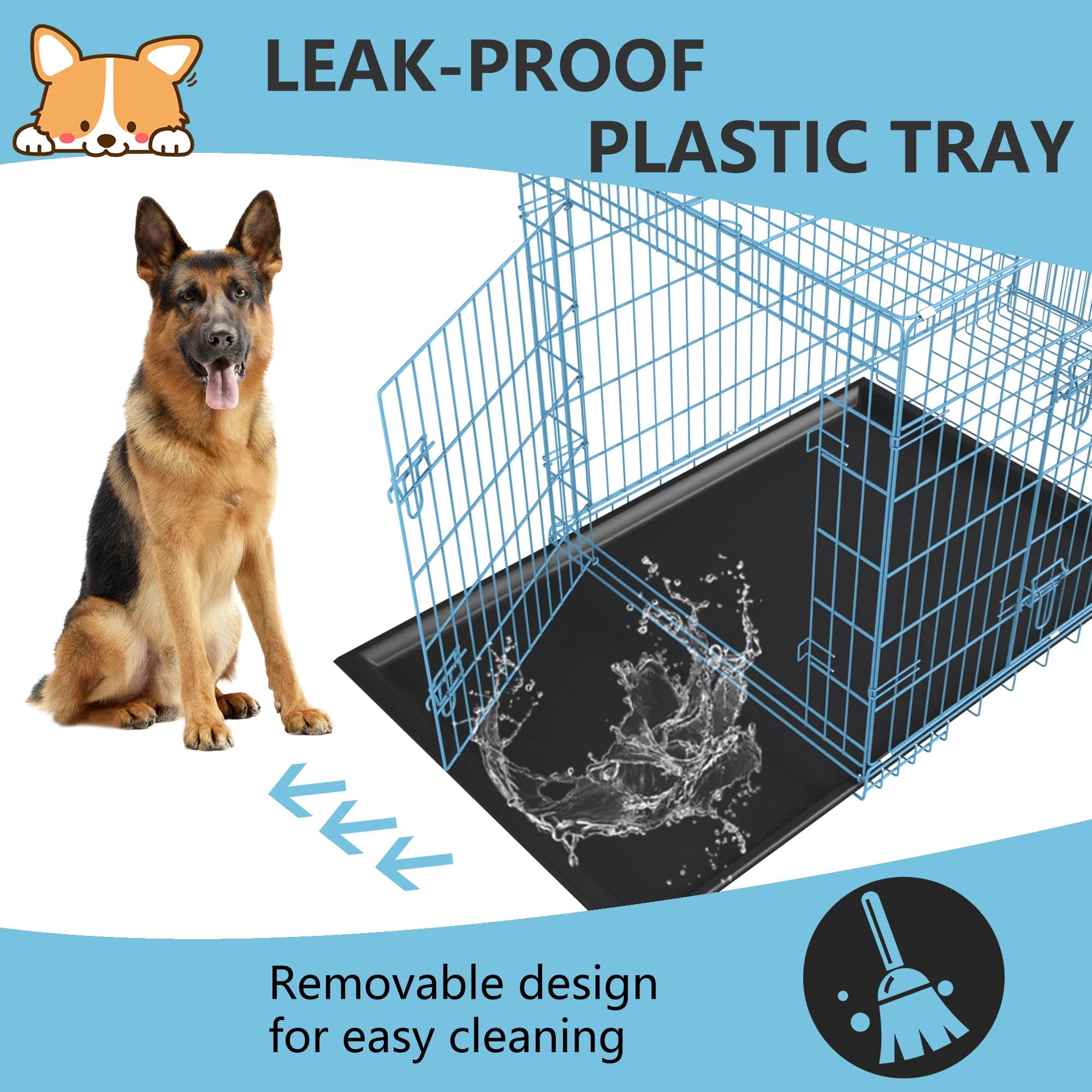 42 Inches Large Dog Crate with Divider Panel, Double Door Folding Metal Wire Dog Cage with Plastic Leak-Proof Pan Tray, Pet Kennel for Indoor, Outdoor, Travel, Blue