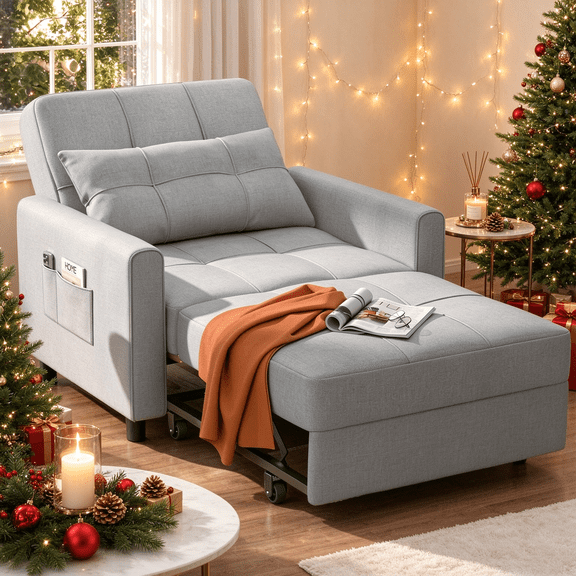 Sleeper Sofa, 3 in 1 Convertible Sleeper Chair Bed with Adjustable Backrest, Sofa Bed for Office, Bedroom,Small Space, Light Gray